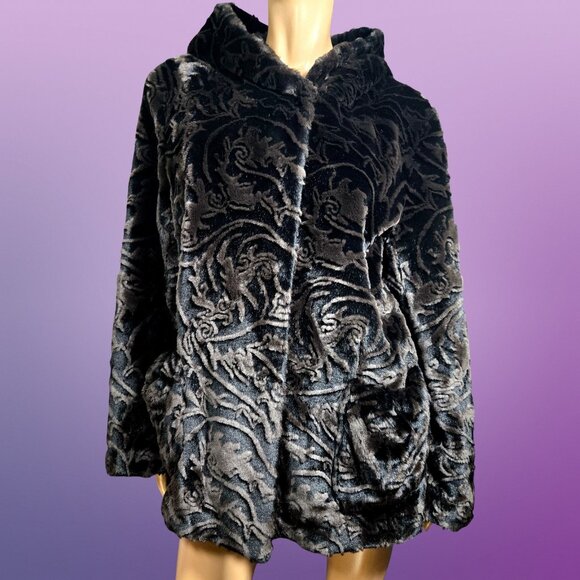 Y2K Faux Fur Coat Size XL Black Brown Mid Length Boho Glam Velvety Luxurious - Picture 1 of 12